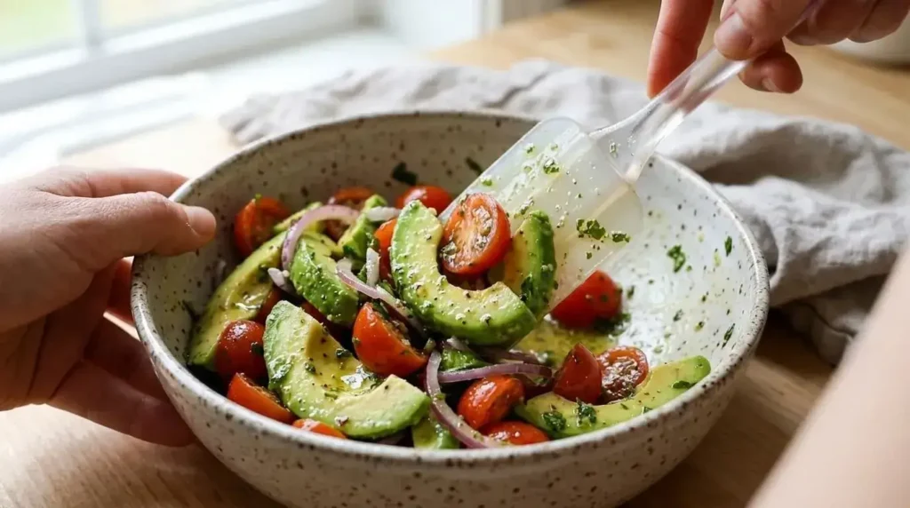 Gently tossing avocado tomato onion salad with a silicone spatula in a bowl.