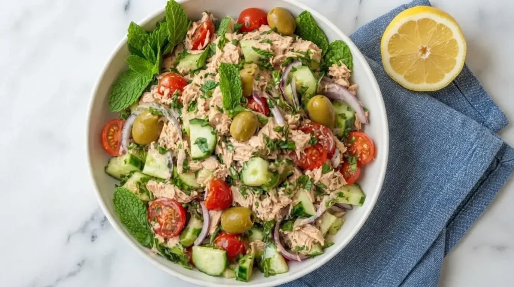 Moroccan-Spiced Tuna Salad with Preserved Lemon and Olives served in a white bowl with green olives, cucumbers, tomatoes, and fresh mint.