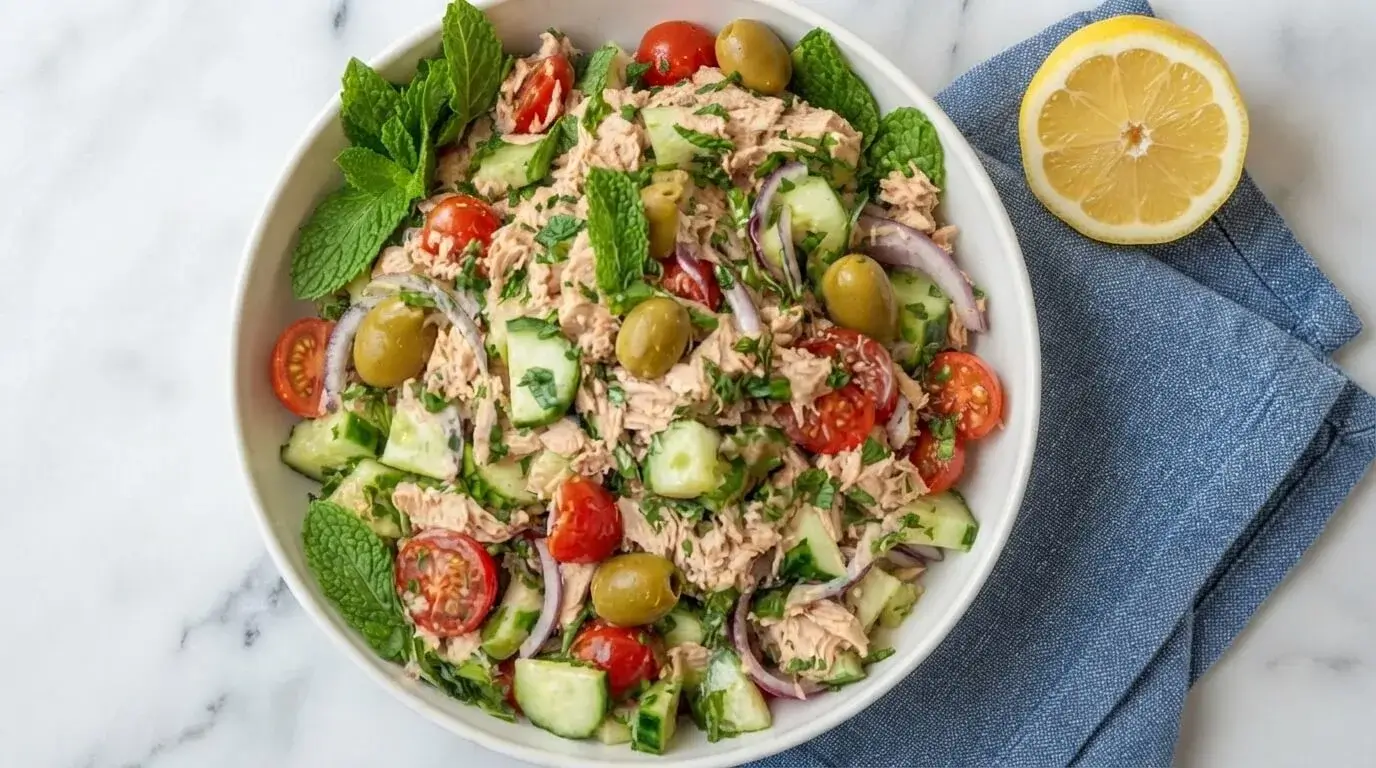 Moroccan-Spiced Tuna Salad with Preserved Lemon and Olives served in a white bowl with green olives, cucumbers, tomatoes, and fresh mint.