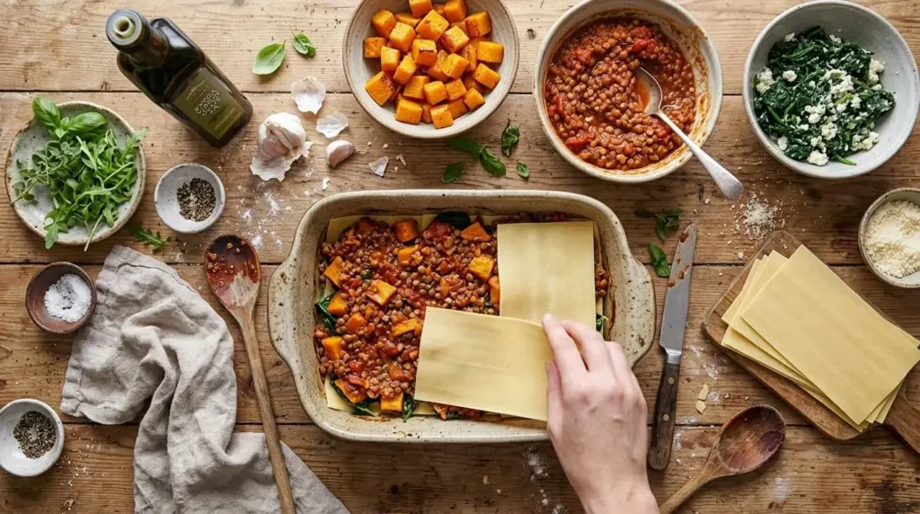 Ingredients and step-by-step assembly of a homemade vegetable lasagne on a wooden table.
