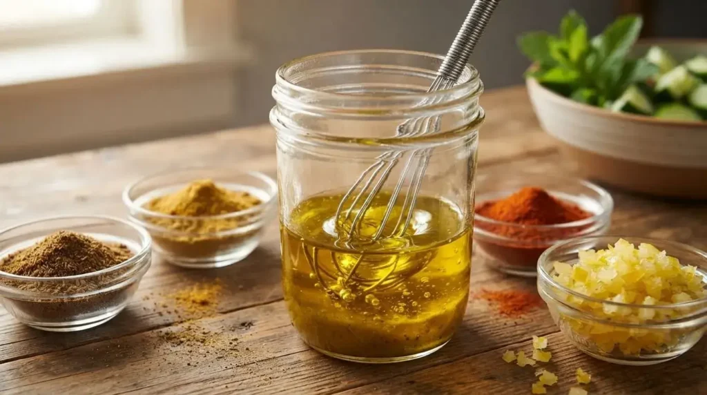 Whisking warm Moroccan spice vinaigrette with olive oil, lemon juice, cumin, coriander, and smoked paprika for tuna salad.