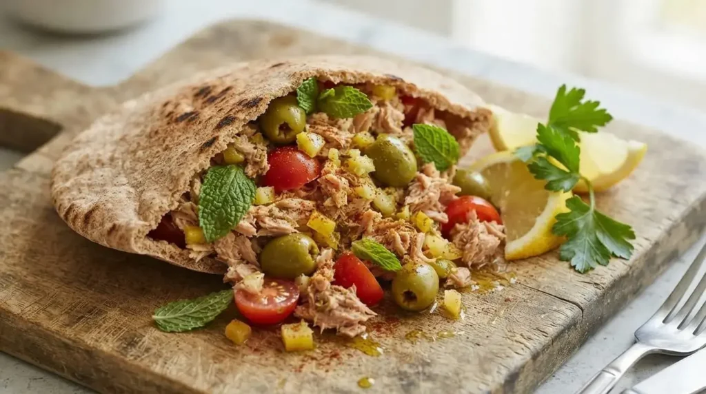 Whole wheat pita stuffed with Moroccan-Spiced Tuna Salad with Preserved Lemon and Olives on a wooden board.