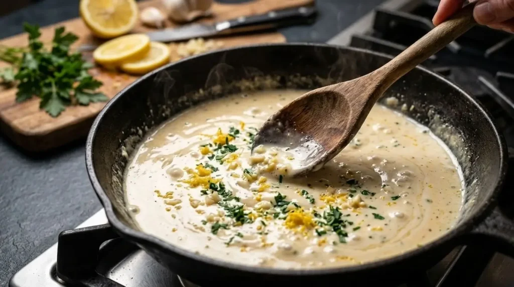 Simmering garlic cream sauce with fresh lemon juice and parsley in a pan.
