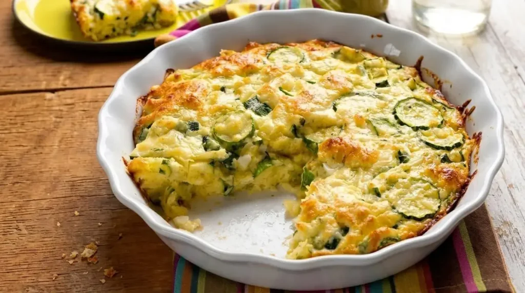 Golden crustless zucchini onion pie sliced in a white ceramic baking dish on a Mediterranean styled table.