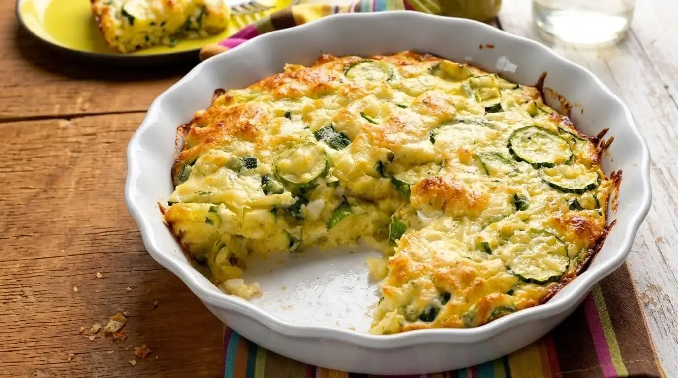 Golden crustless zucchini onion pie sliced in a white ceramic baking dish on a Mediterranean styled table.
