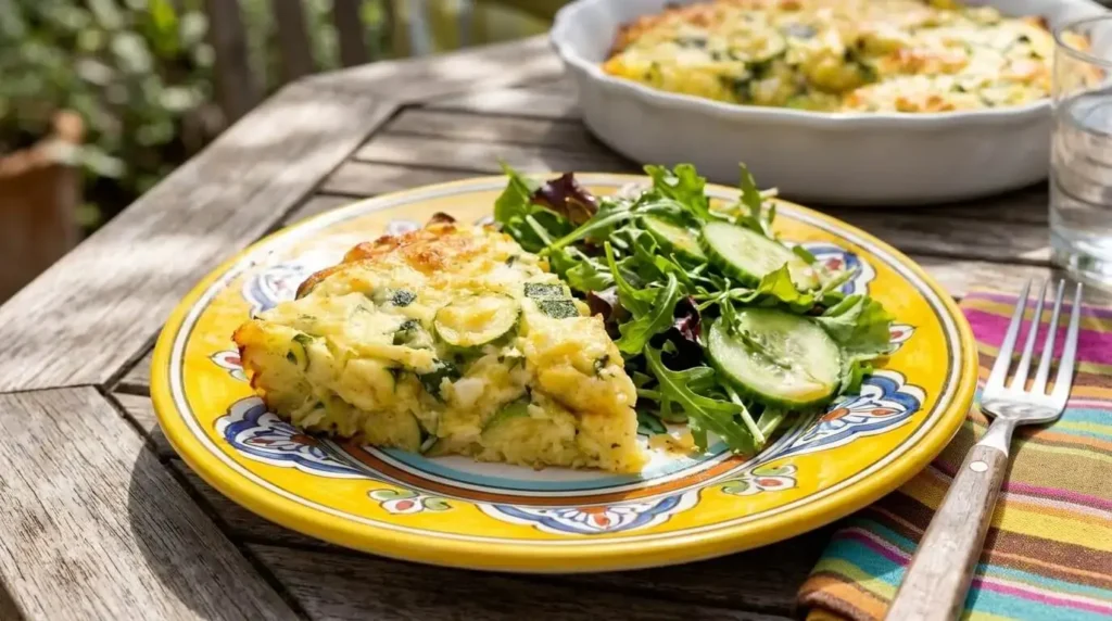A slice of crustless zucchini onion pie on a ceramic plate served with a side salad.