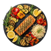 Mediterranean dinner in circular format with herb-crusted salmon, roasted vegetables and couscous